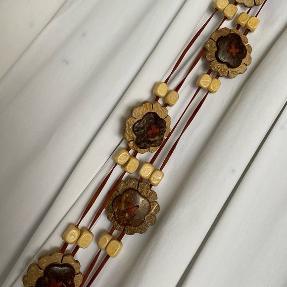 Fun Boho 72” Long Belt,Necklace,Wall Decor- Woden Flowers&Beads-Strung w/Leather - Picture 7 of 16